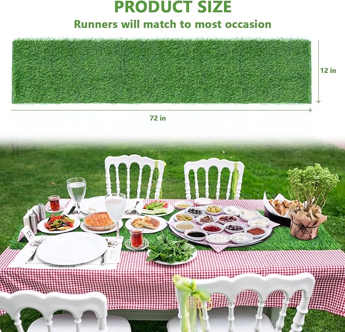 12 x 72 Inch Artificial Grass Dining Table Runner Green Table Decor for Holiday Party, Kitchen Decor, Wedding, Banquet, Indoor/Outdoor Tea Party Decorations