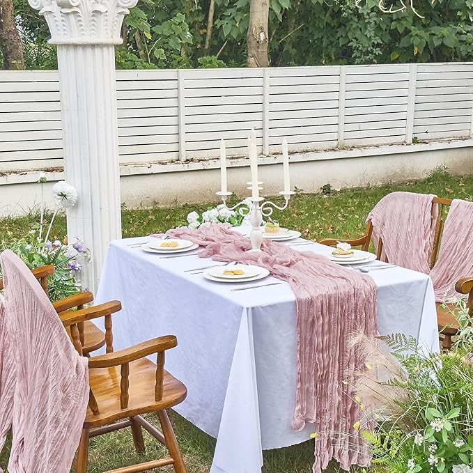 IVAPUPU 2 Pcs Cheesecloth Table Runner - 10ft Dusty Pink Boho Rustic Gauze Cheese Cloth Table Runner for Baby Shower Decorations Wedding Party Spring Garden Farmhouse Mothers Day Decor