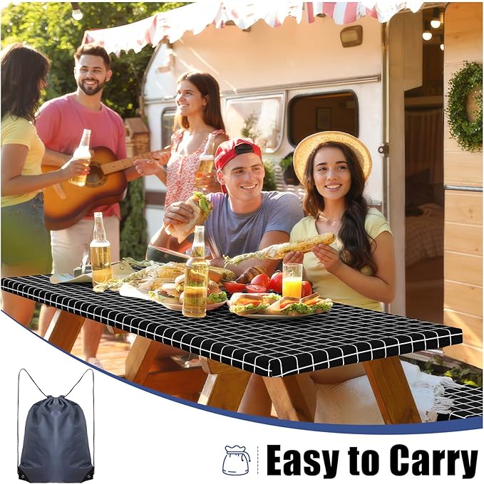 Smiry Picnic Table Cover with Bench Covers, Waterproof Elastic Fitted Tablecloth for 5 Foot Tables, Washable Polyester Tablecloths for Camping, Indoor & Outdoor (Black & White, 30x60 Inch 3-pc Set)