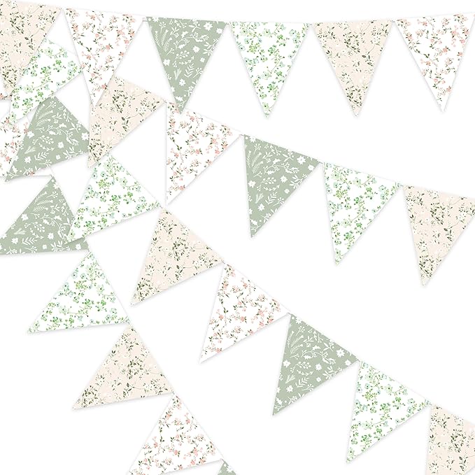 3pcs Sage Green Floral Triangle Bunting Banners Garland, Boho Wildflower Pennant Flags for Baby Shower Bridal Shower Wedding Birthday Party Garden Home Decor
