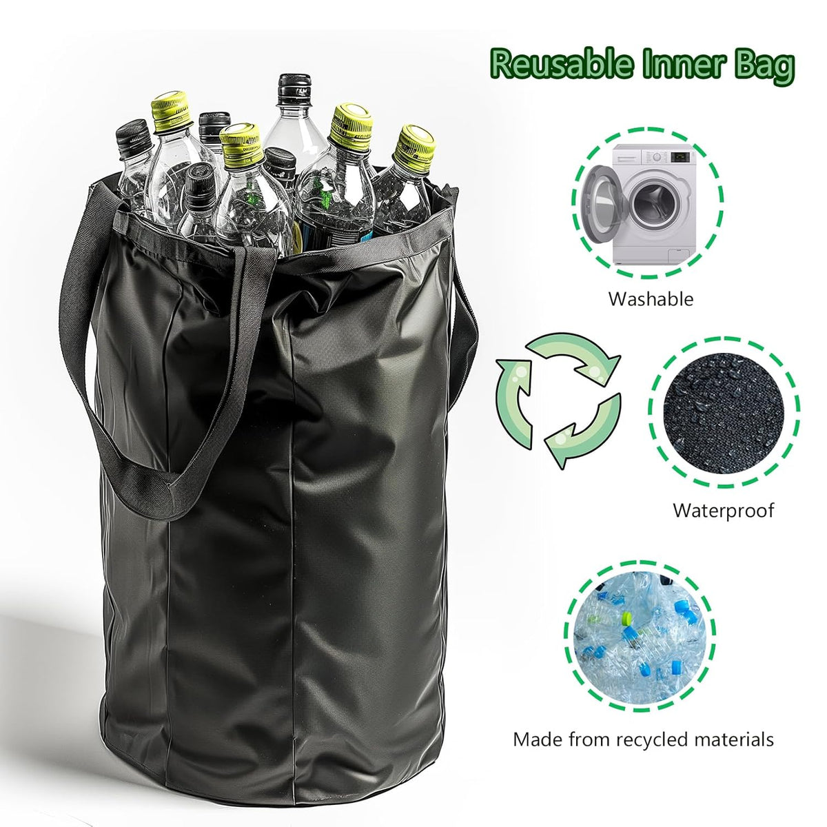 Removeable Reusable Inner Bag for 26 Gallon 100L Recycle Bin Made from recycled plastic bottles, environmentally friendly and sturdy, for recycling Bottle Can Glass Waste Plastice Stickers, Black