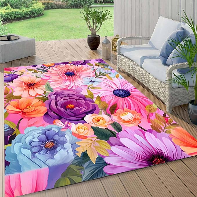 Outdoor Flower Rug with Anti Slip Backing Vibrant Waterproof 8x10 Area Rugs for Patio Deck Balcony Camping Garden Porch Large Floral Outside Carpet Blue Pink Purple Aesthetic Thick Mat