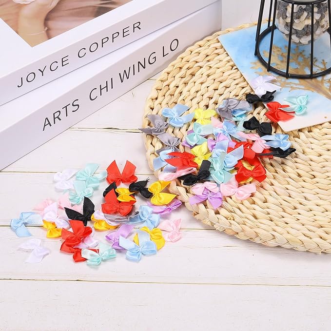 MECCANIXITY 50Pcs Mini Ribbon Bow 1" Mini Fabric Satin Ribbon Flower Bows for Craft DIY Sewing Wedding Birthday Party Orange