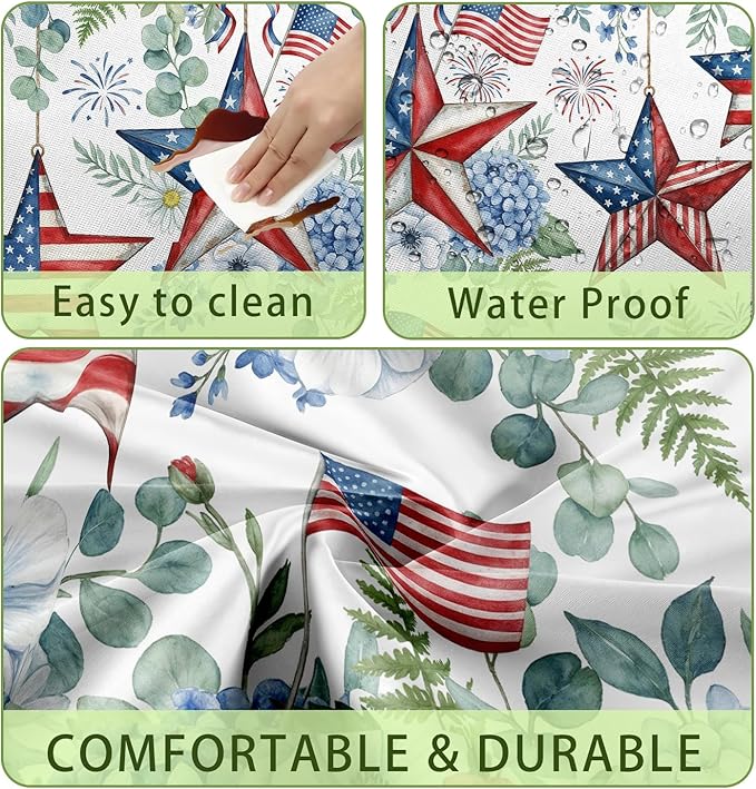 JAWO Patriotic Picnic Table Cover - 4th of July Fitted Tablecloth with Elastic Edge,Red White Blue Star Floral Design for Outdoor Camping, BBQ, Independence Day Party Decor, 60x30 Inch