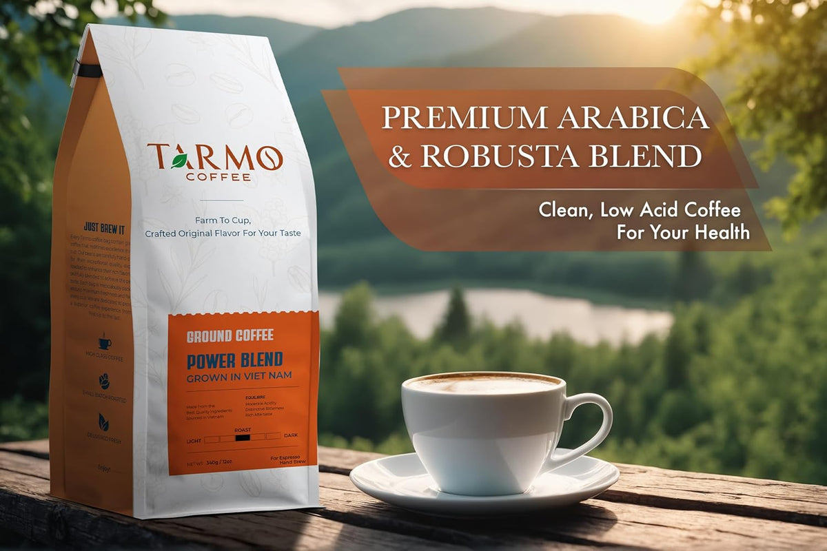Tarmo - Power Blend, Low Acid Ground Coffee, Specialty Vietnamese Coffee, Premium Arabica & Robusta Blend, Medium Roast Coffee, 12 Oz Bag