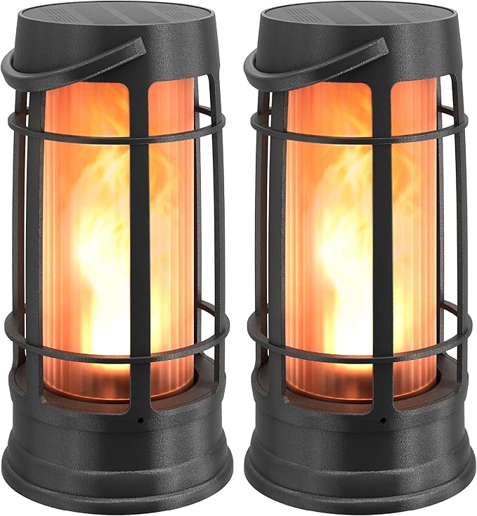 FoxFlame Upgraded Metal Outdoor Solar Lantern, Flickering Solar Lanterns Outdoor Waterproof with Patented LED, Outdoor Lanterns for Porch, Patio, Garden, Tabletop, Hanging Use, Matte Black (2 Pack)