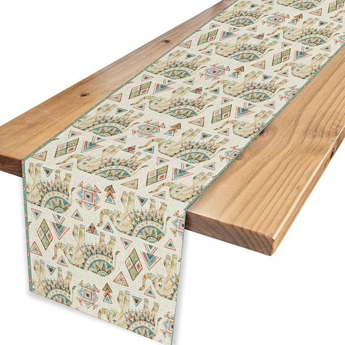 Boho Elephant Table Runner, Rustic African Tribal Indian Diwali Aztec Bohemian Green Geometric Coffee Table Center Decor for Home Kitchen Dining Holiday Party Outdoor Table Decorations, 13"x36"