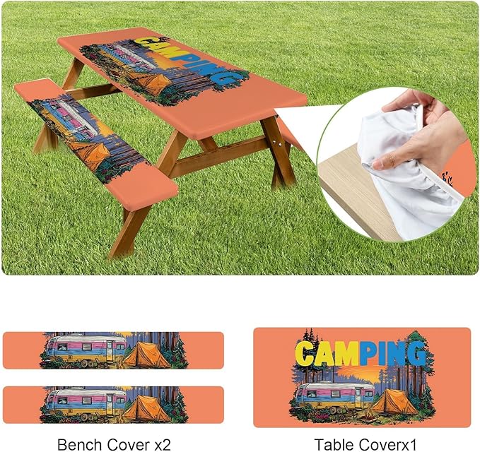 ANNA QUEEN Brand 6-Foot Camping Outdoor Picnic Table Cover, Includes Bench Cover, 3-piece Picnic Table Cover Set, 72 inches x 30 inches, Camping Outdoor Bench and Tablecloth Furniture Protection.