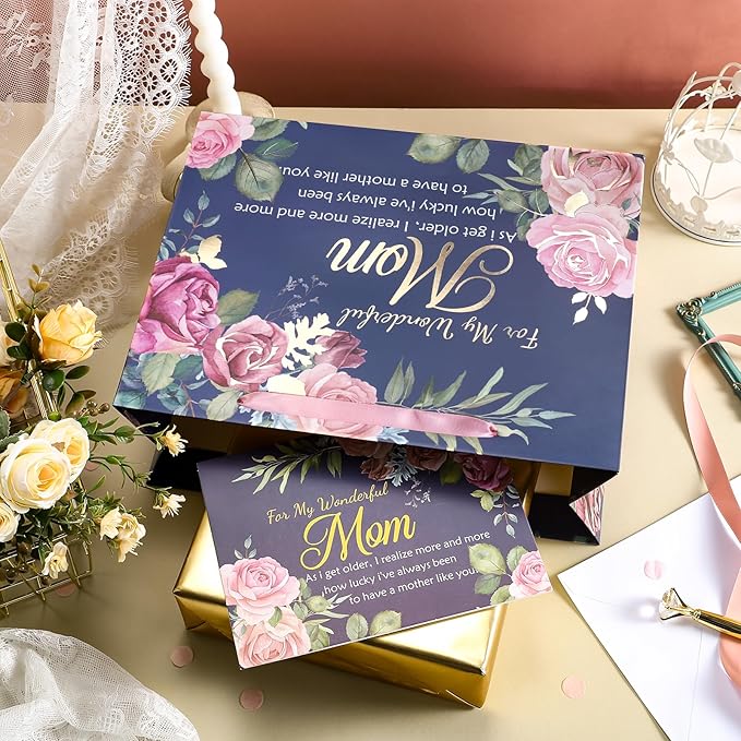 WRAPAHOLIC 13" Large Mom Birthday Gift Bag with Card and Tissue Paper - Elegant Floral and Gold Foil For My Wonderful Mom Lettering Design