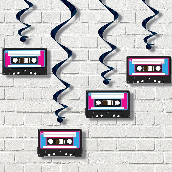 Beistle 10 Piece 80's Theme Cassette Tape Swirls, 1980's Retro Hanging Whirl Decorations