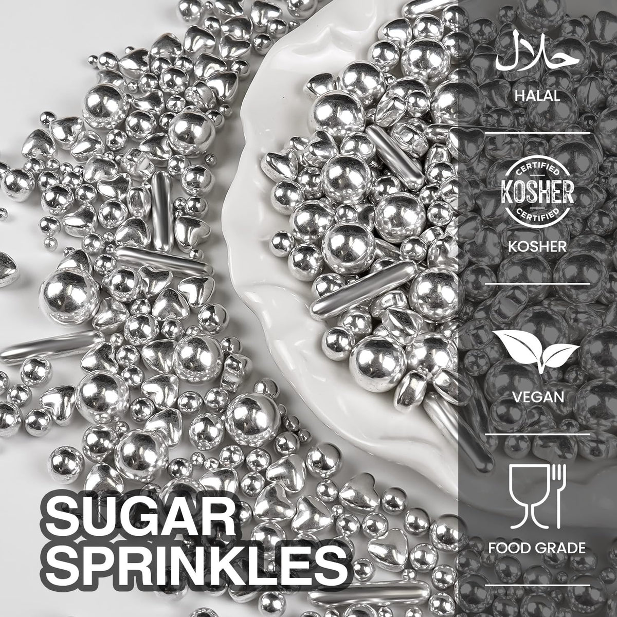 Silver Pearl Rods Heart Sprinkles, Baking Sugar, Silver Sprinkles for Cake, Mix Size, Cupcake Decoration, Holiday, Mother's Day