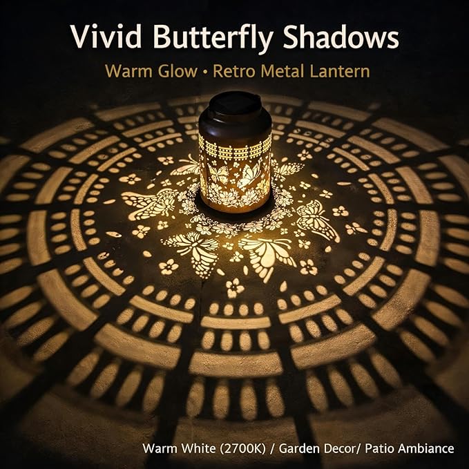 Solar Lanterns Outdoor Waterproof - Retro Metal Hanging Solar Lights with Butterfly Pattern on Bottom, Decorative Garden Decor for Outside Tree Porch Yard, Unique Birthday Gifts for Women Mom Grandma