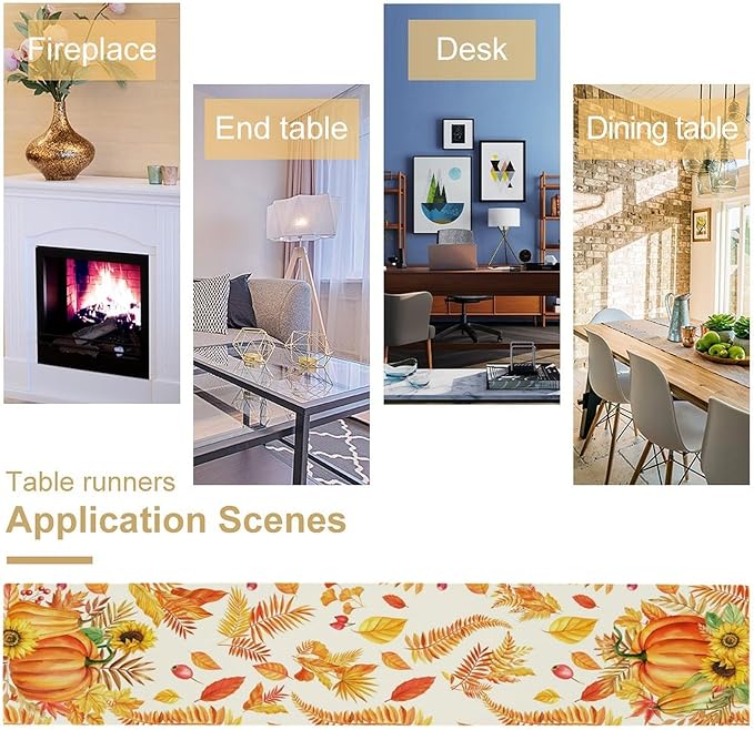 Fall Pumpkin Table Runner, Rustic Autumn Harvest Thanksgiving Sunflower Leaves Table Runner for Kitchen Dining Table Decoration Party Holiday, 13x90inch