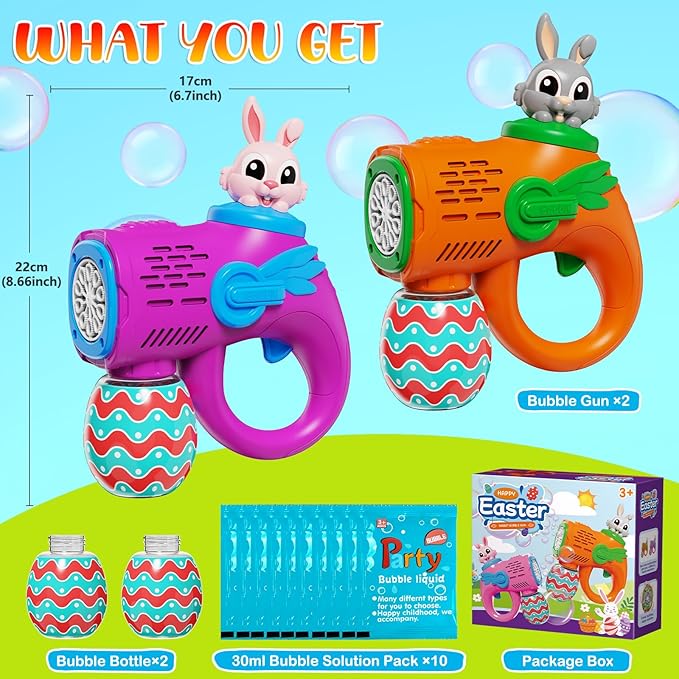 Bubble Guns for Toddlers,2 Pack Rabbit Bubble Machine for Kids, Bubble Blower with 10 Bubble Solutions,Outdoor Bubble Toy Summer Birthday Party Favors Gift for Age 3 4 5 6 7 8 Years Old Boys Girls