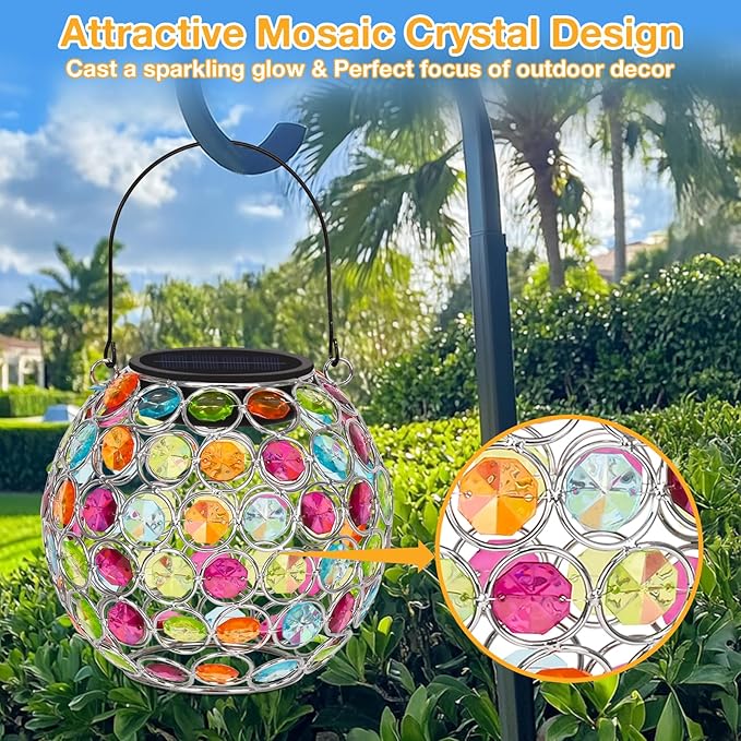 Uspring 2 Pack Crystal Mosaic Solar Lanterns Outdoor Waterproof Decorative Hanging Solar Lights for Outside, Gifts for Women Mom Grandma Garden Decor for Patio Backyard Porch Pathway Lawn Walkway, Red