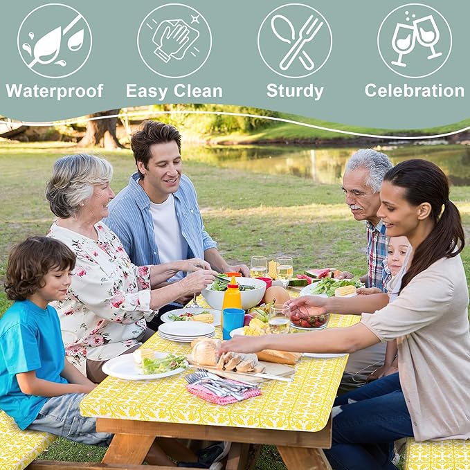misaya Picnic Table Cover with Bench Cover, Waterproof Elastic Fitted Tablecloth for 5 Foot Tables, Rectangle Washable Polyester Tablecloths for Picnic, Camping, Outdoor (Yellow, 30" x 60")