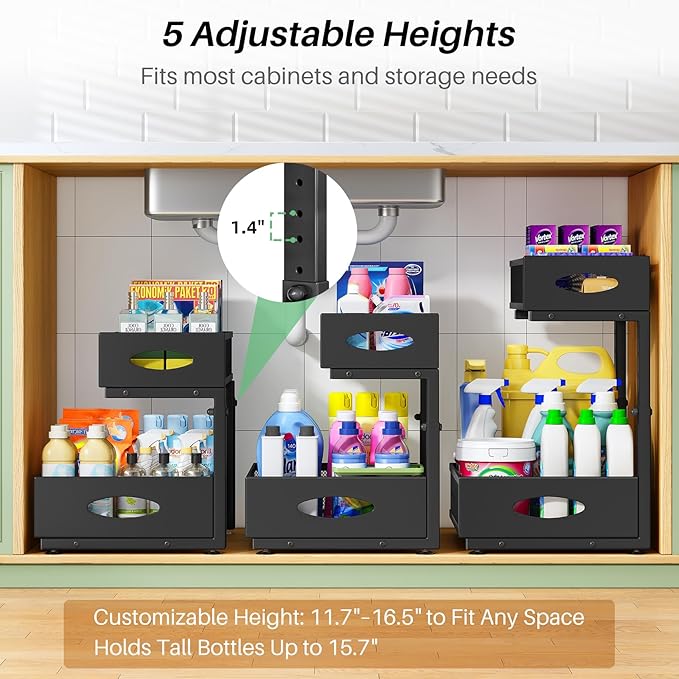Under Sink Organizer, 1-Pack Pull Out Cabinet Organizer 2 Tier Metal Slide Out Storage Shelf Rack, L-Shaped Adjustable Height,Mesh Sliding Drawer for Kitchen, Bathroom, Laundry, Pantry, Black, XL