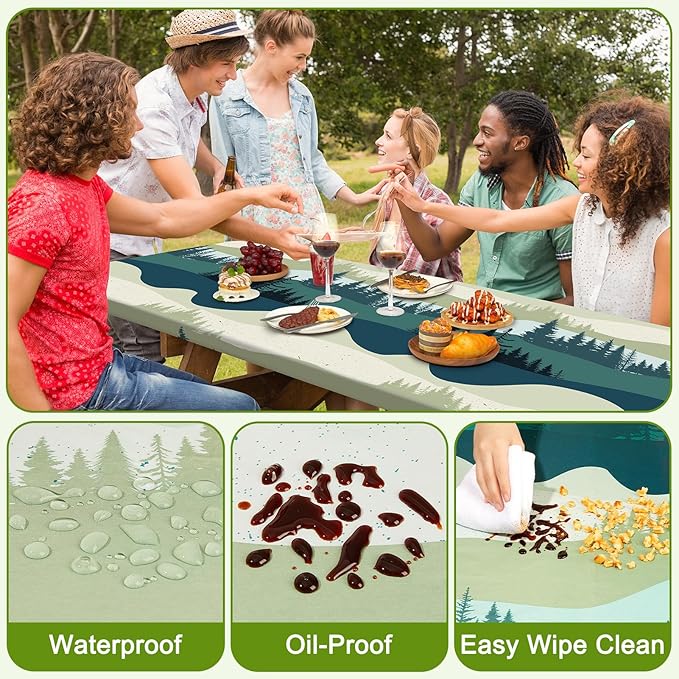 Picnic Table Cover with Bench Covers Portable Table Cloth Built-in Storage Pocket Fitted Tablecloth with Elastic Edges Waterproof Camping Essentials for Indoor Outdoor Rv,96in,Green Blue