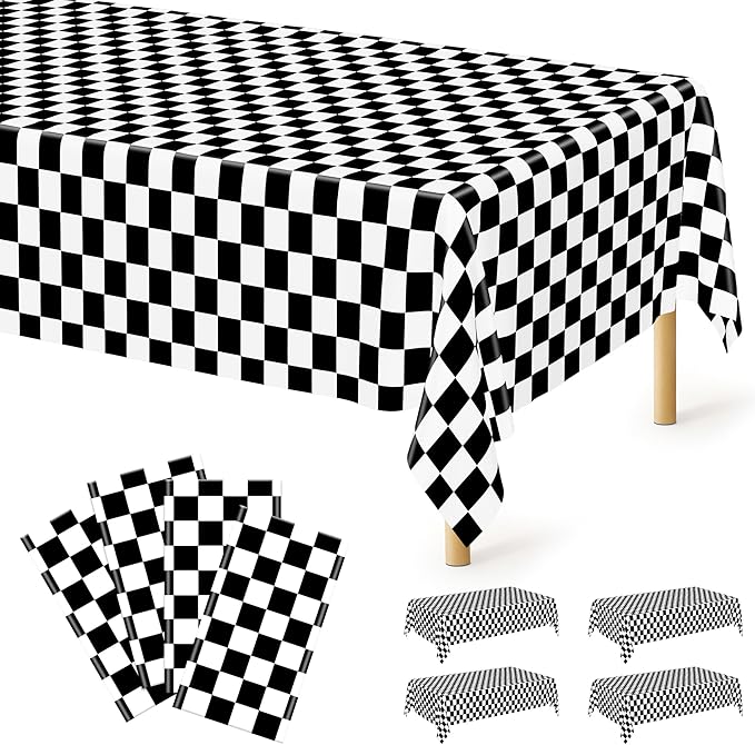 QZYL 4Pack Plastic Table Cloth Disposable, 54" x 108" Waterproof Tablecloths Rectangular, Black and White Checkered Table Cover for Picnic Birthday Party Supplies Outdoor Gathering BBQ Holiday Dinner