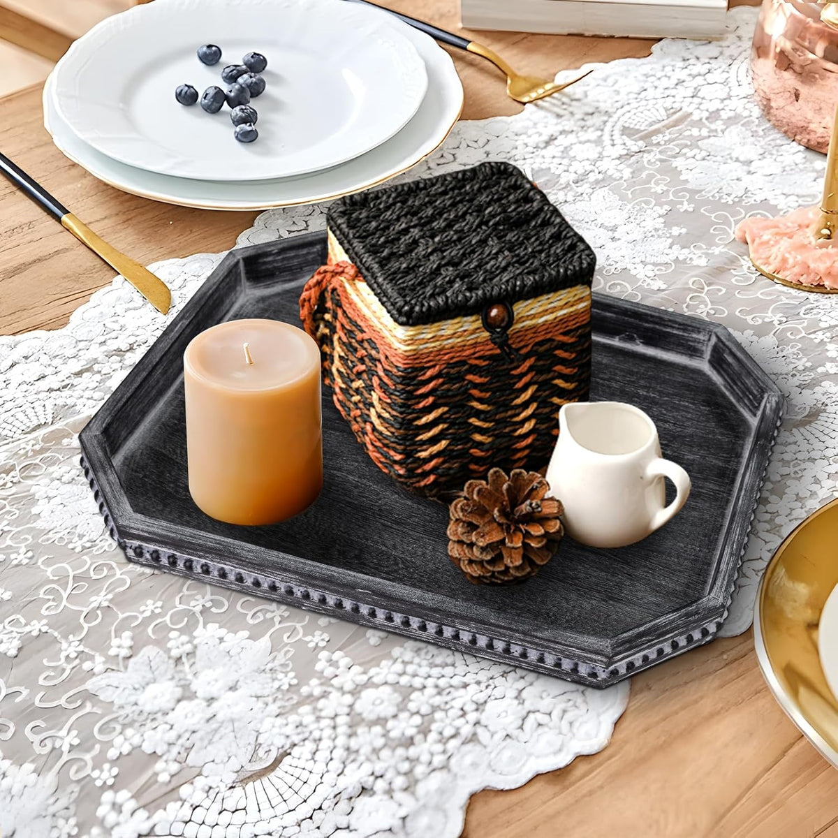 CedarLux Decorative Coffee Table Serving Tray, Long Octagonal Black Wood Tray with Wooden Bead, Farmhouse Big for Ottoman Table, Countertop, Home Decor, 16.5"x13"x1.6" (Retro Black)