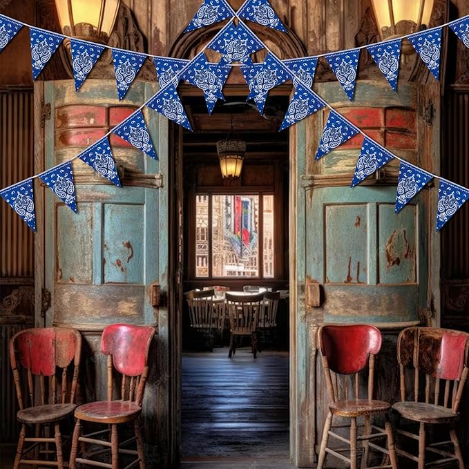 6 Pack Western Cowboy Party Decorations Blue Bandana Pennants Banner Wild West Decor Western Theme Bunting Flags for Birthday Baby Shower Country Party Supplies