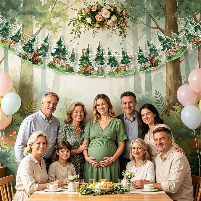 SUNBEAUTY Woodland Animals Banner 6.56FT Babyshower Party Decoration,Waterproof 2-Side Printed Garland Bunting with Tree Bear Fox Deer Rabbit for Kids Nursery Livingroom Gender Reveal Birthday
