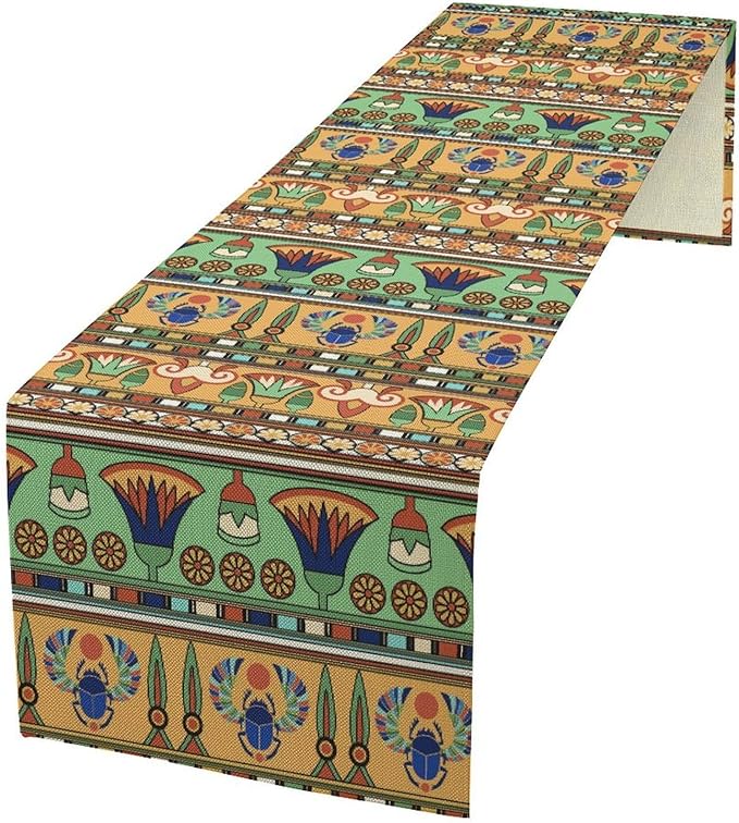 Egyptian Print Table Runner, Egyptian Ornament Scarab Flower Abstract Design Table Runner for Dining Kitchen Party Outdoor Holiday 13x60in