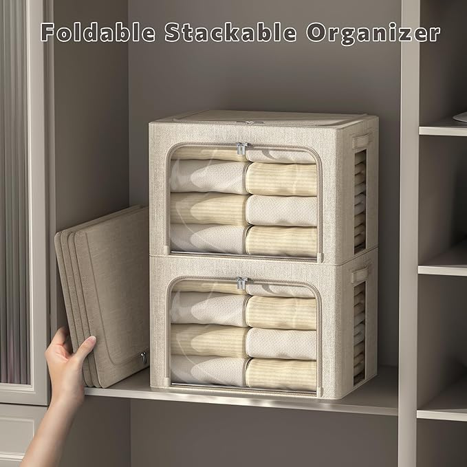 FHSQX 6 Pack Clothes Storage Bins with Metal Frame 100L Foldable Storage Bins for Clothes Linen Fabric Storage Box with Clear Window (Beige, 23.6x16.5x15.7inch(100L))