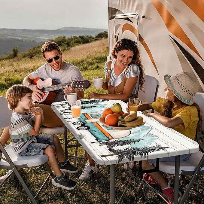 Happy Campers Picnic Table Cover with Bench Covers, RV Camping Tablecloth Fitted Picnic Table Covers, Pine Forest Country Wooden for Rectangle Tables Family Garden Outdoor Party Decorations, 30X72in