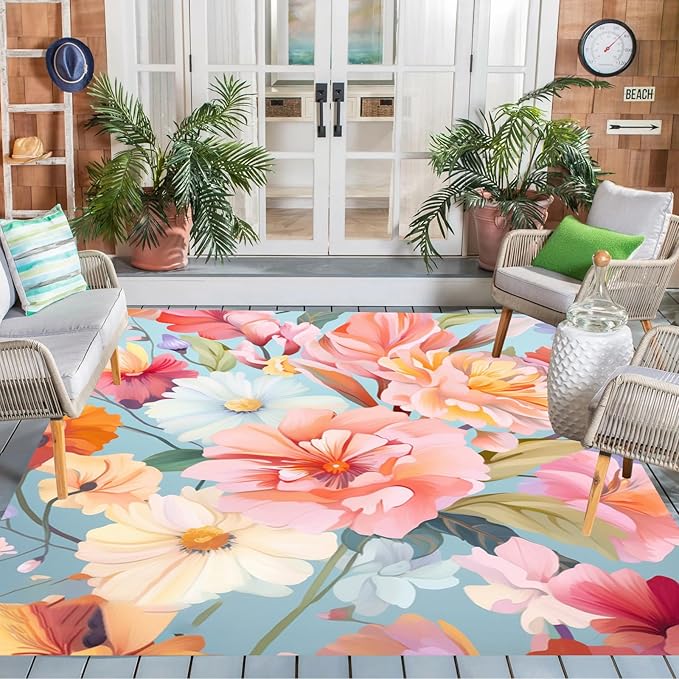 Outdoor Flower Rug with Anti Slip Backing Vibrant Waterproof 5x8 Area Rugs for Patio Deck Balcony Camping Garden Porch Large Floral Outside Carpet Peach Pink Blue Aesthetic Thick Mat