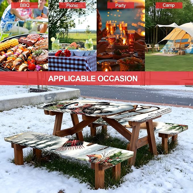 Picnic Table Cover with Bench Covers Set of 3, Elastic Fitted Tablecloth for 6 Foot Tables, Washable Polyester Tablecloths for Camping, Indoor & Outdoor