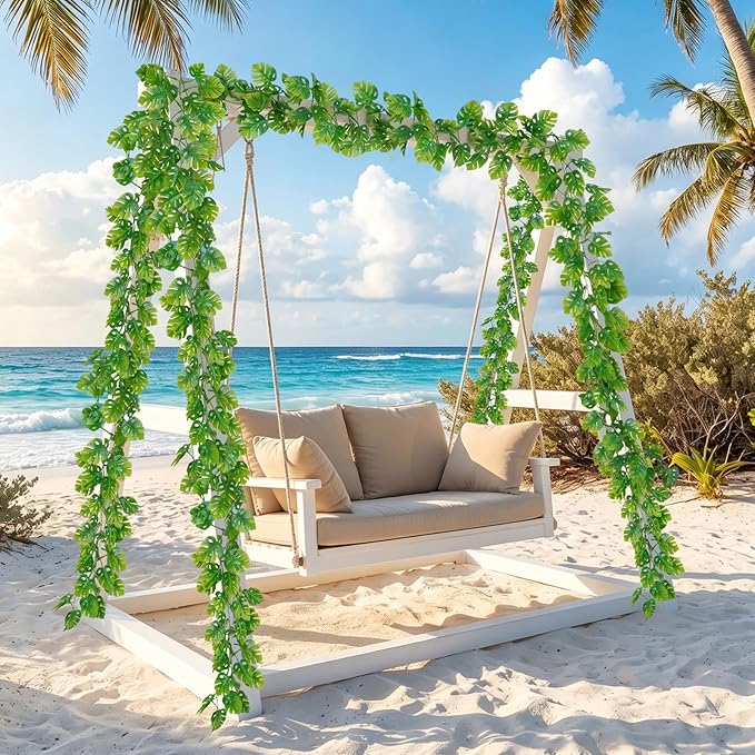 8Pcs Artificial Tropical Leaves Garland, 5.9FT Fake Monstera Leaves Vines Hanging Plant Ivy Faux Palm Leaf Greenery Garland for Garden Porch Patio Jungle Beach Birthday Party Indoor Outdoor