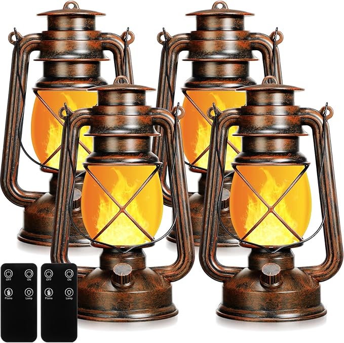 Retisee Vintage LED Lantern Battery Powered Camping Lamp Indoor Outdoor Hanging Lantern Flickering Fire Lamps with Remote Control for Patio Yard Door Front Decor(4 Pcs)