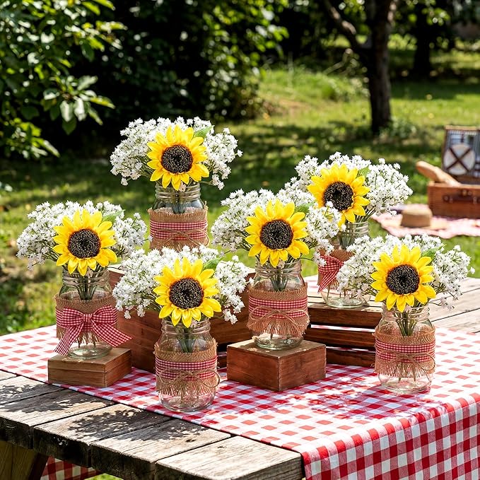Daifunli 6 Set Picnic Party Centerpieces for Table Mason Jar Table Decor with Artificial Flowers Red Gingham Ribbon for Picnic Birthday Party BBQ Baby Shower Wedding(6,Sunflower & Baby's Breath)