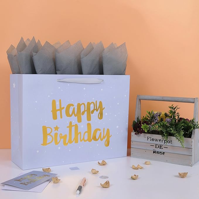 Qirrmiy 16.5” Extra Large Gray Happy Birthday Gift Bag Set with Handles, Greeting Card, Tissue Papers and Stickers for Men Boys Women Girls Kids, Stars Design, 1 Pcs.