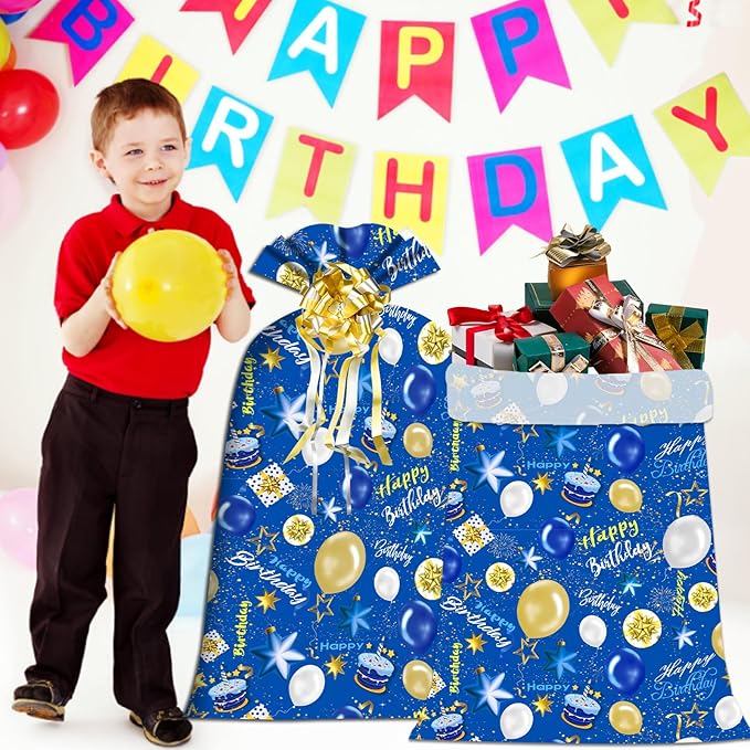OILCUP 2 Pcs Large Gift Bags Oversized Plastic Storage Bags 48"x 36" with 2 Pcs Pull Flowers for Large Birthday Gift Wrapping, Kids Bike Gift Bags, Birthdays, Parties, New Parents Baby Showers