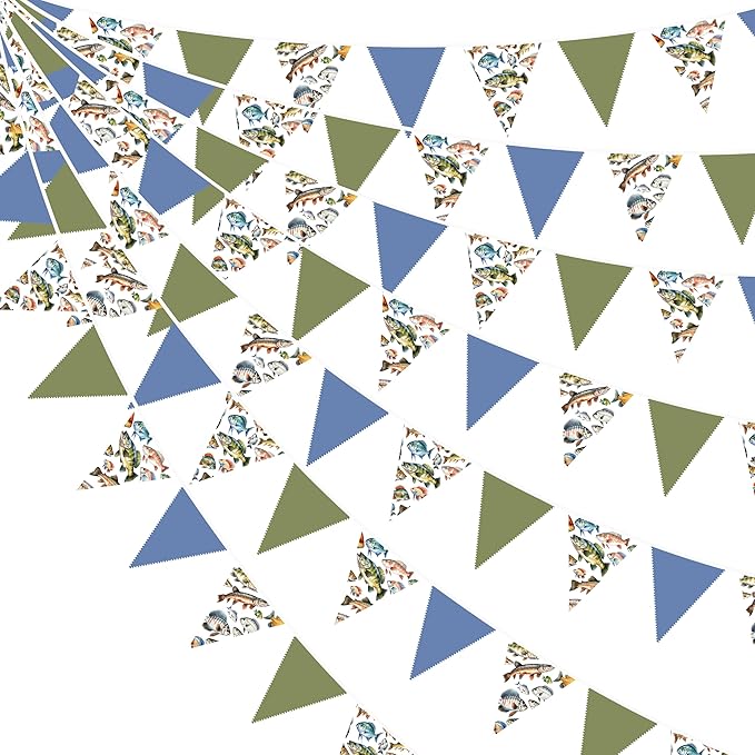 32Ft Gone Fishing Party Decorations Blue Green Fish Print Fabric Pennant Banner Triangle Flag Garland Streamer for Gone Fishing Birthday Little Fisherman Baby Shower Outdoor Fish Party Supplies