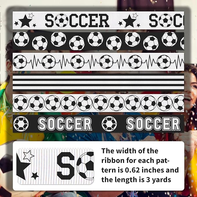 Soccer Ribbon, 6 Pack (5/8 Inch x 3 Yards Each), Black and White Grosgrain Ribbon for Hair Bow, Sports Party Decoration, Team Awards, School Events & Gift Wrapping