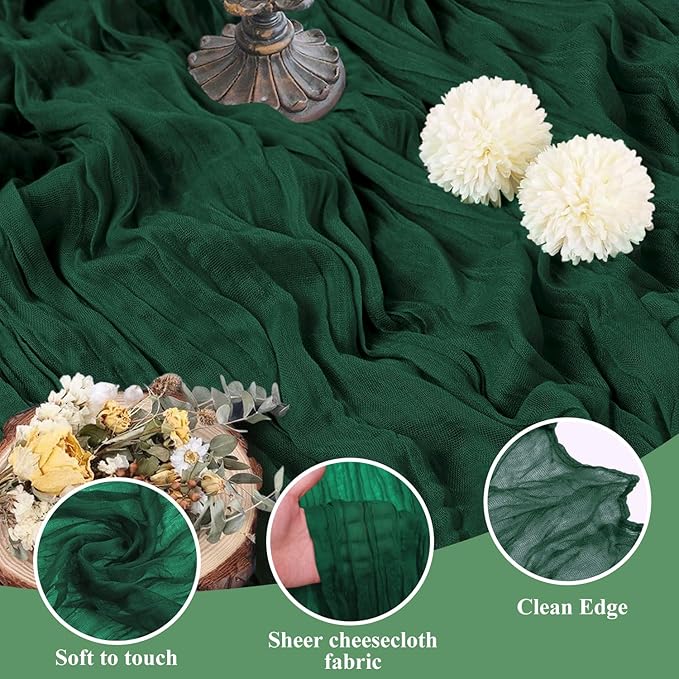 Asee'm 2PCS Table Runner Cheesecloth Christmas 10FT Emerald Green Boho Gauze Fabric Rustic Sheer Cheese Cloth Runners for Wedding Bridal Shower Party Spring Easter Decoration