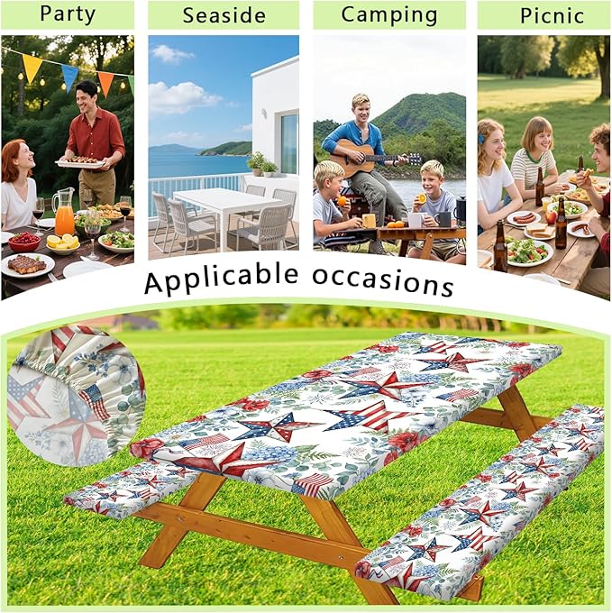 JAWO Patriotic Picnic Table Cover - 4th of July Fitted Tablecloth with Elastic Edge,Red White Blue Star Floral Design for Outdoor Camping, BBQ, Independence Day Party Decor, 72x30 Inch
