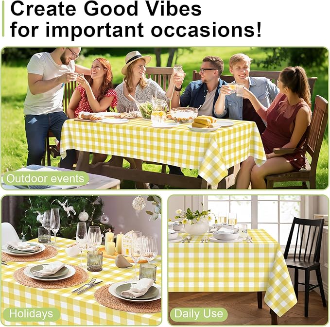 QIKSION Yellow Gingham Tablecloth Disposable 6 Pack, 54 x 108 Inch Yellow and White Checkered Table Cloth for Easter Decorations, Birthday Party Supplies, Rectangle, Plastic Table Cover