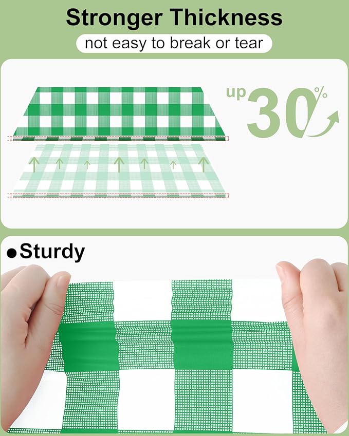 Smiry 20 Packs Gingham Disposable Table Cloth, 54 x 108 Inch Waterproof Plastic Tablecloth, Rectangle Green and White Checkered Table Covers for Picnic, Birthday, Party