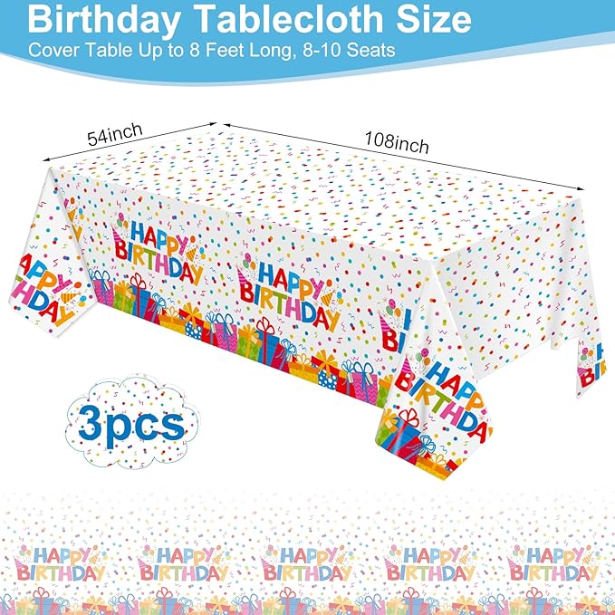 NatNarr 3 Pack Plastic Birthday Tablecloth, 54 x 108 Inch Disposable PE Happy Birthday Tablecloth Waterproof Rectangle Birthdays Party Table Cover for Birthdays Party Decorations