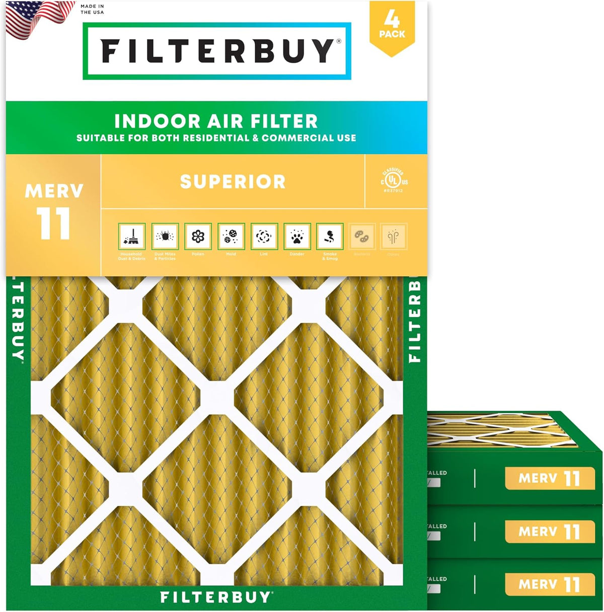 Filterbuy 24x30x2 Air Filter MERV 11 (MPR 1200) Allergen Defense Replacement (4-Pack), Electrostatic Pleated HVAC AC Furnace Filters, Made in USA (Actual Size: 23.50 x 29.50 x 1.75)