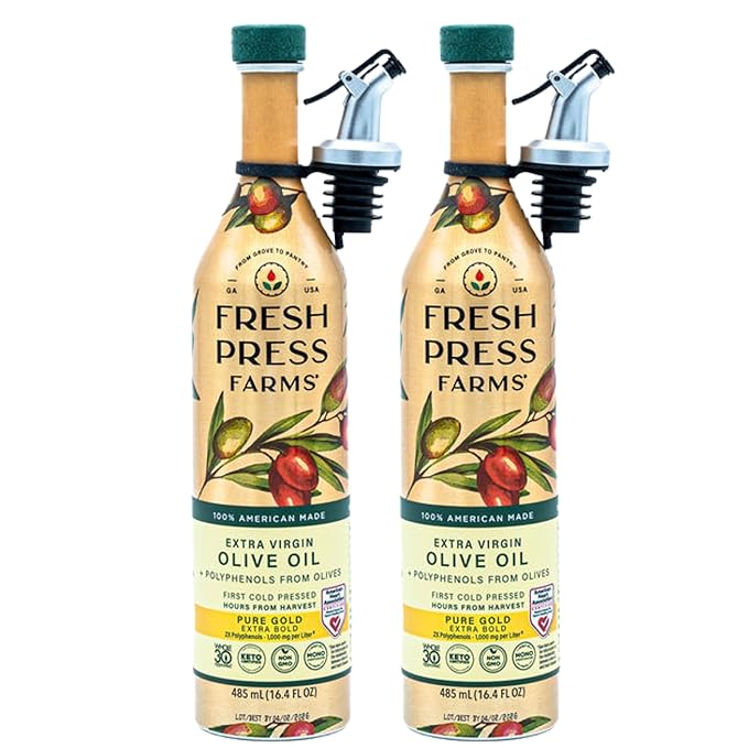 Fresh Press Farms Cold Pressed High Polyphenol Pure Gold Extra Virgin Olive Oil, 16.4 Fl Oz (Pack of 2), Georgia Grown, 100% American Made, Unrefined