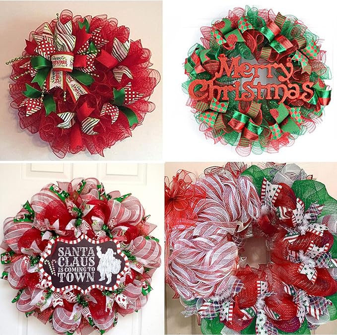 5 Rolls Christmas Mesh Ribbon for Wreath, 10 Inch x 30FT Per Roll Metallic Foil Deco Mesh Rolls Red White Green Stripe Decorative Mesh for Christmas Tree Winter Holiday Wreath Party Decor