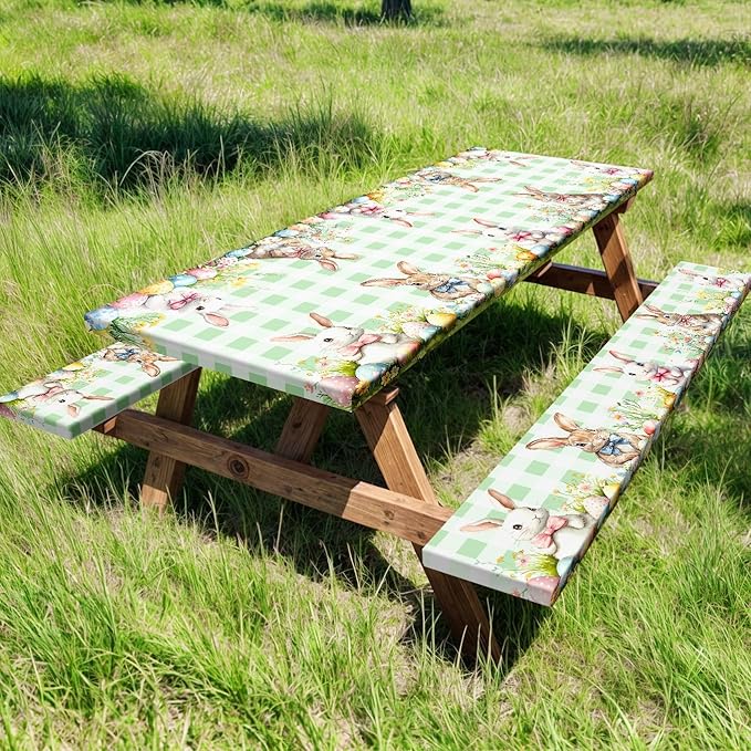 Easter Picnic Table Cover with Bench Covers, Camping Essentials, Easter Buffalo Plaid Rabbit Eggs Flower Outdoor Table Covers, Waterproof, Fitted Tablecloth Cover with Elastic Edge, 3 PCS, 30x72 Inch