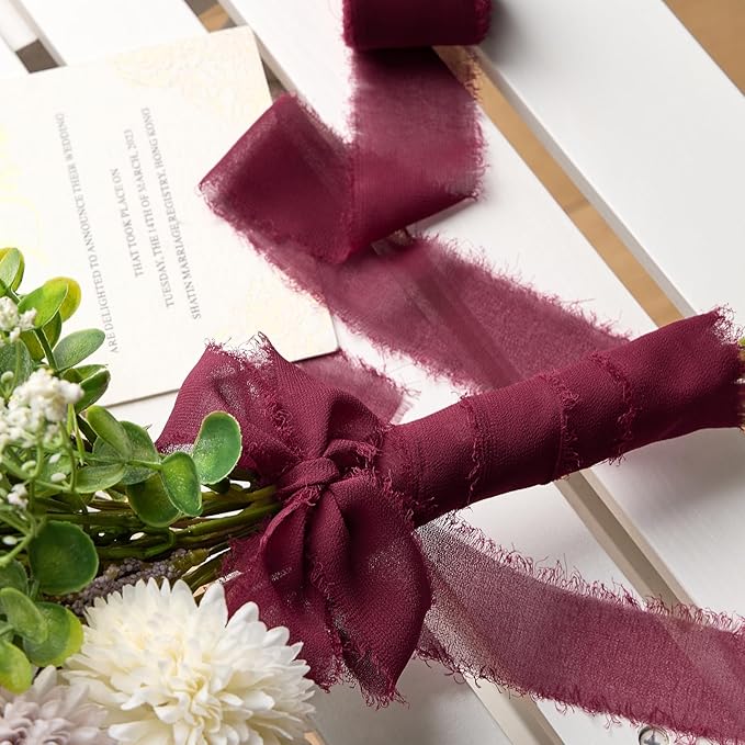 Burgundy Chiffon Ribbon 1.5" x 21 Yd Handmade Fringe Silk Chiffon Fabric Ribbon for Gift Wrapping Wedding Invitation Bridal Flower Bouquet DIY Crafts Home Decor