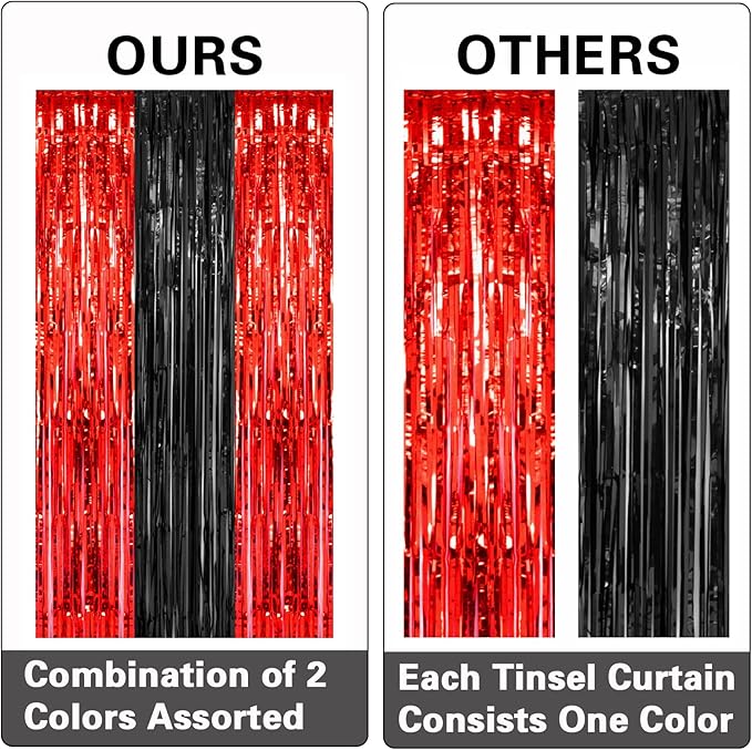 PIGETALE, 2 Pack 3.2x8.2 Feet Black and Red Foil Fringe Curtains Party Decorations, Tinsel Curtain Backdrop Streamers for Birthday Graduation Fiesta Stranger Theme Halloween Christmas Party Supplies