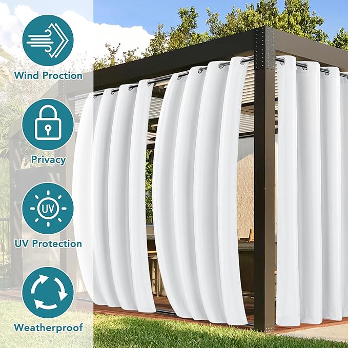 HolidayIdeas Outdoor Curtains for Patio Waterproof 6 Panels 54x95 Inch-Windproof Weatherproof Privacy White Curtains-Grommet Top and Tab Bottom Drape for Gazebo, Porch, Pergola, Cabana, Backyard